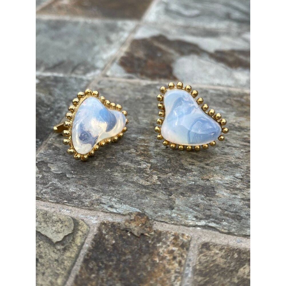 Vtg 1960's Oddly Shaped Gold Plated Moonstone Cufflinks Unique Construction Gold